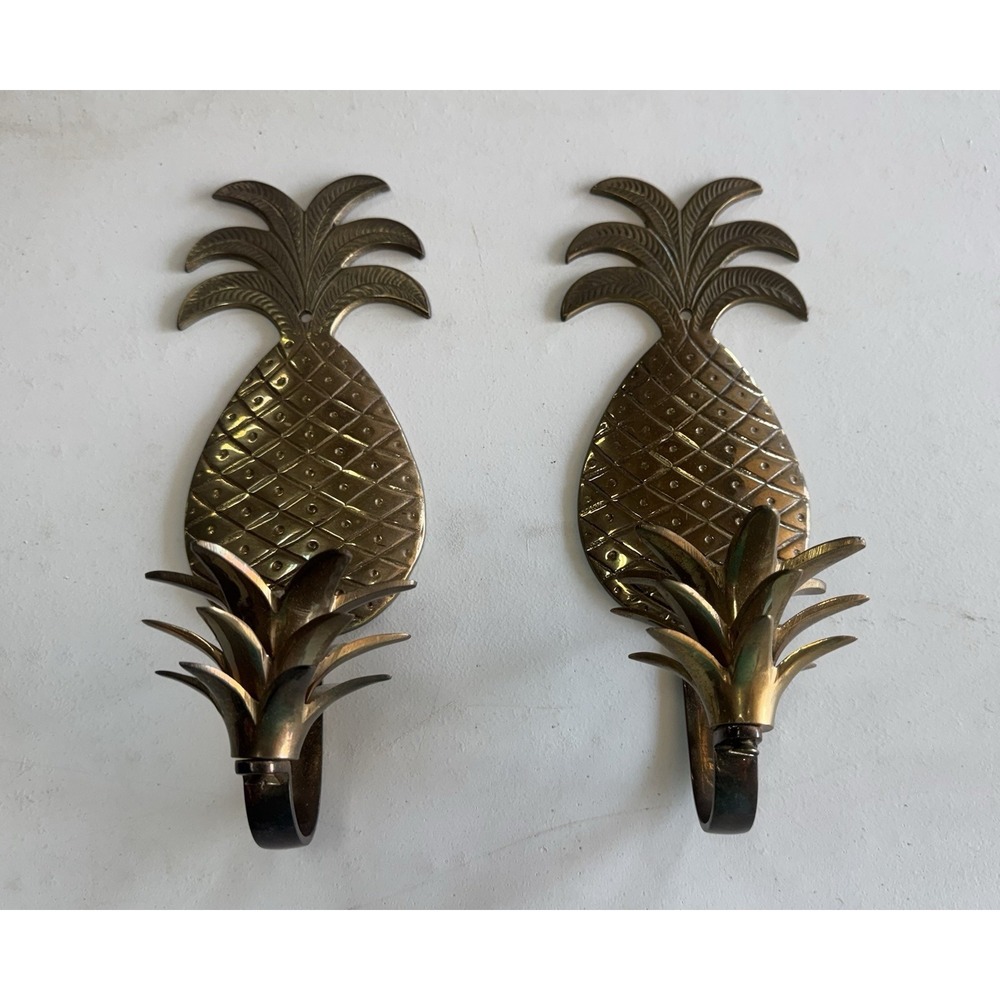 Lot of 2 Mid Century Modern Solid Brass Pineapple Wall MCM Candle Holders GTubH9
